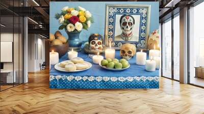 A beautiful altar with sugar skulls, photos of loved ones, and offerings of bread and fruits, glowing under candlelight, [Day of the Dead], [Mexican ofrenda]. Wall mural